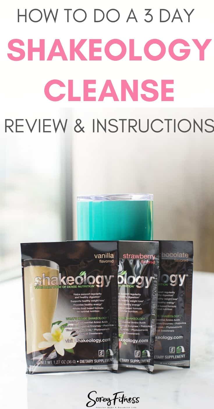 3 Packets of Shakeology and a insulated cup with the words "How to do a 3 Day Shakeology Cleanse"