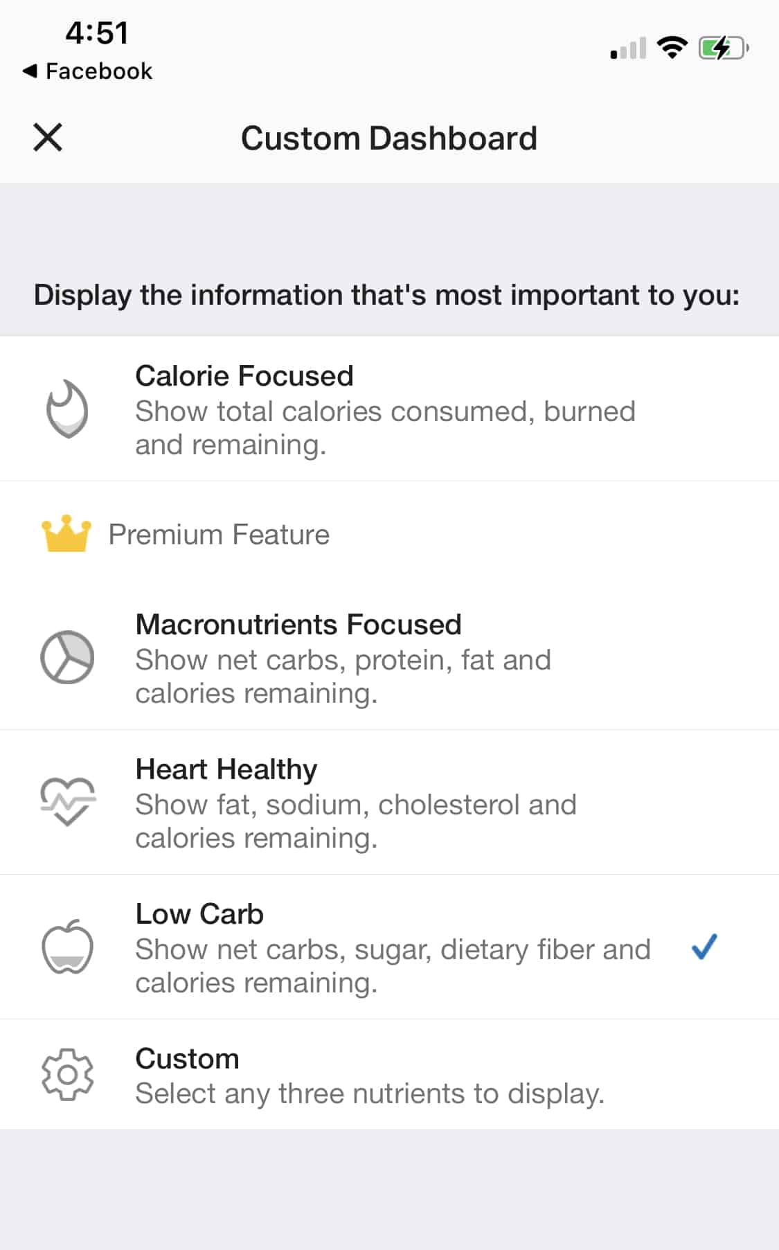 custom dashboard settings in MyFitnessPal