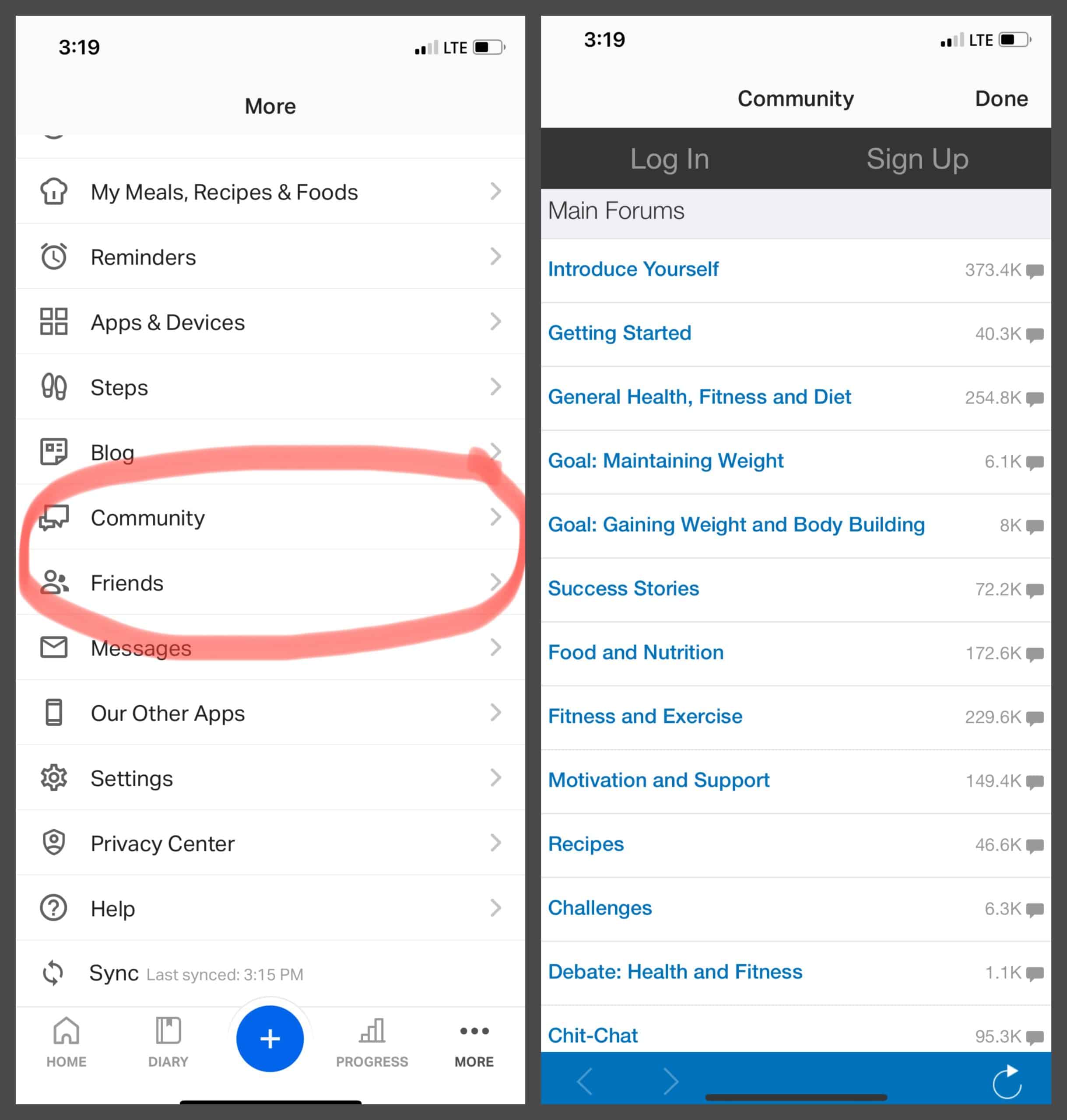 MyFitnessPal screenshots of community forums