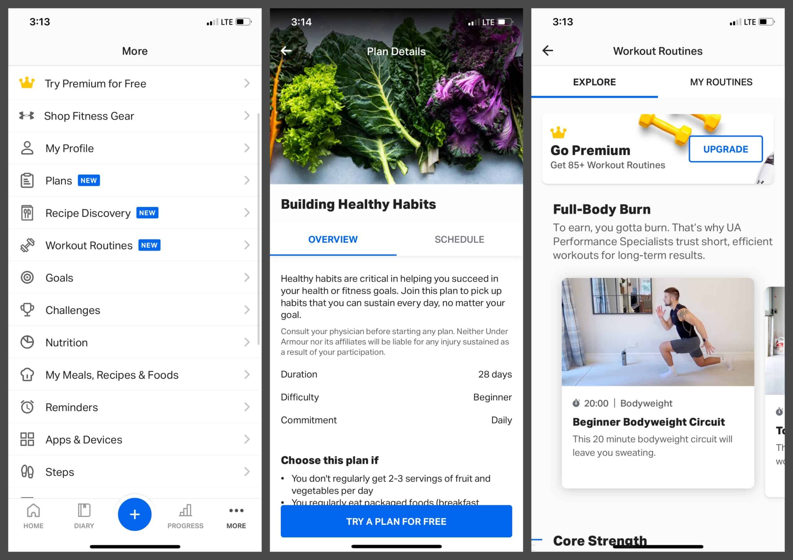 MyFitnessPal screenshots of plans and workout routines