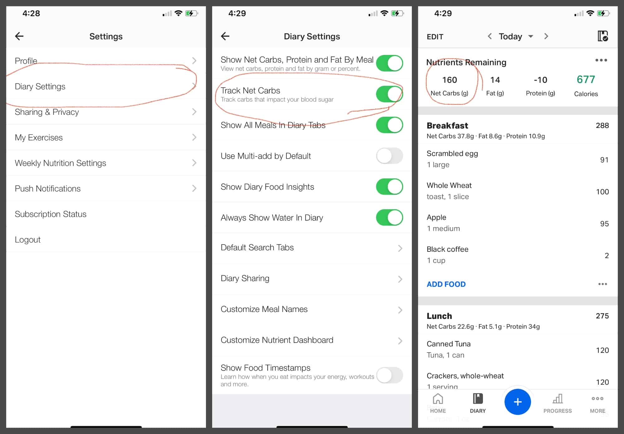 track net carbs in myfitnesspal