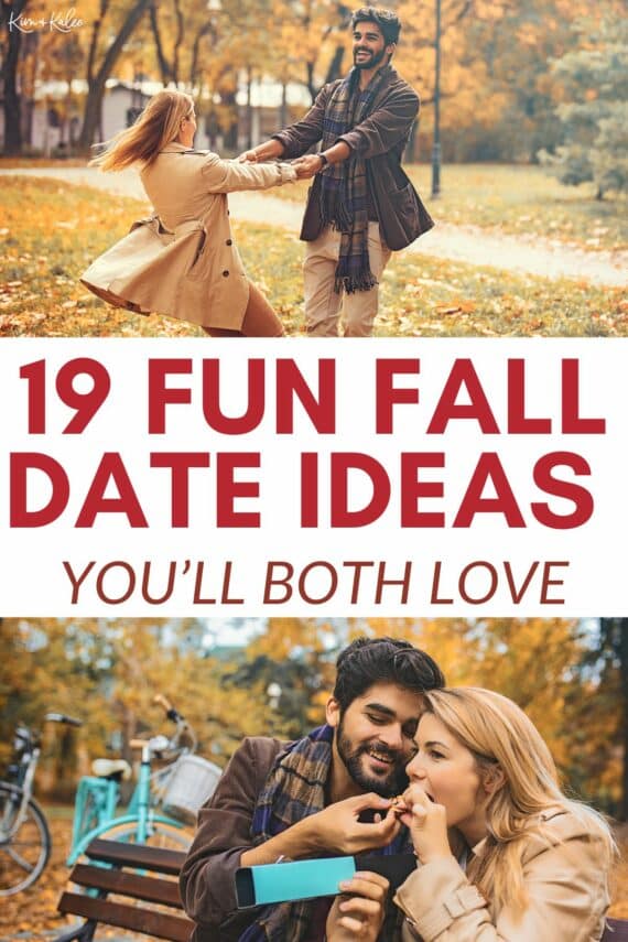 Collage of 2 photos of a happy couple outside during autumn - text overlay in the middle says 19 fun fall date ideas you'll both love!