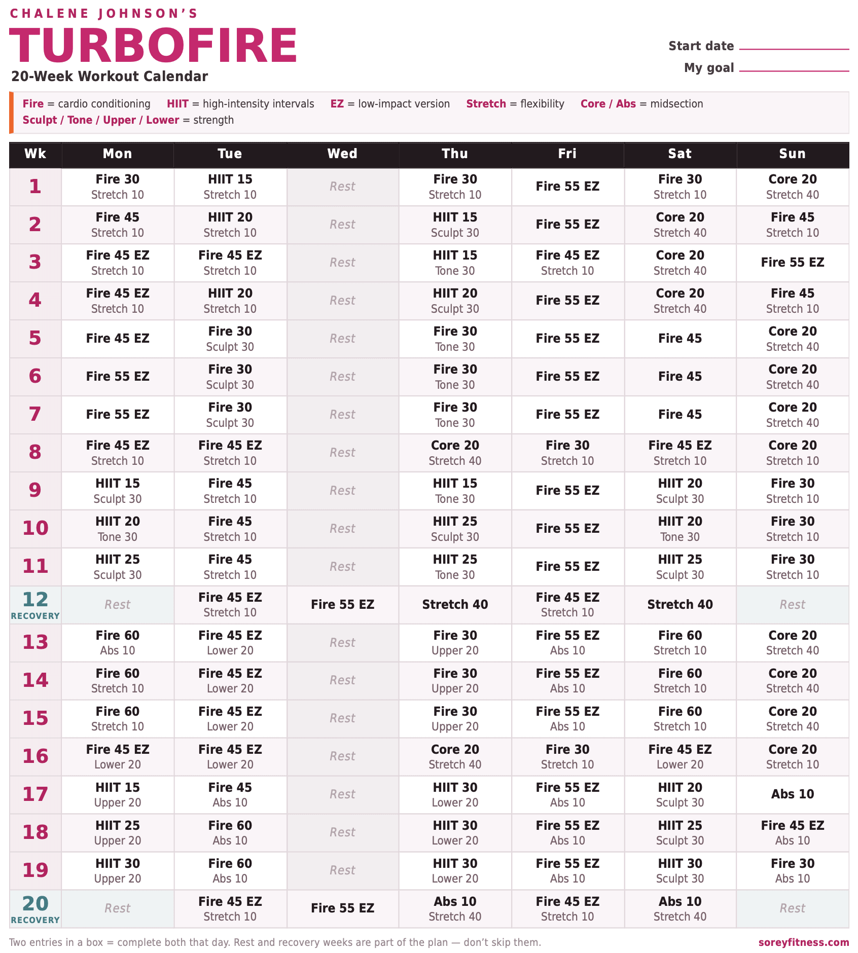 TurboFire Schedule - Printable Calendar