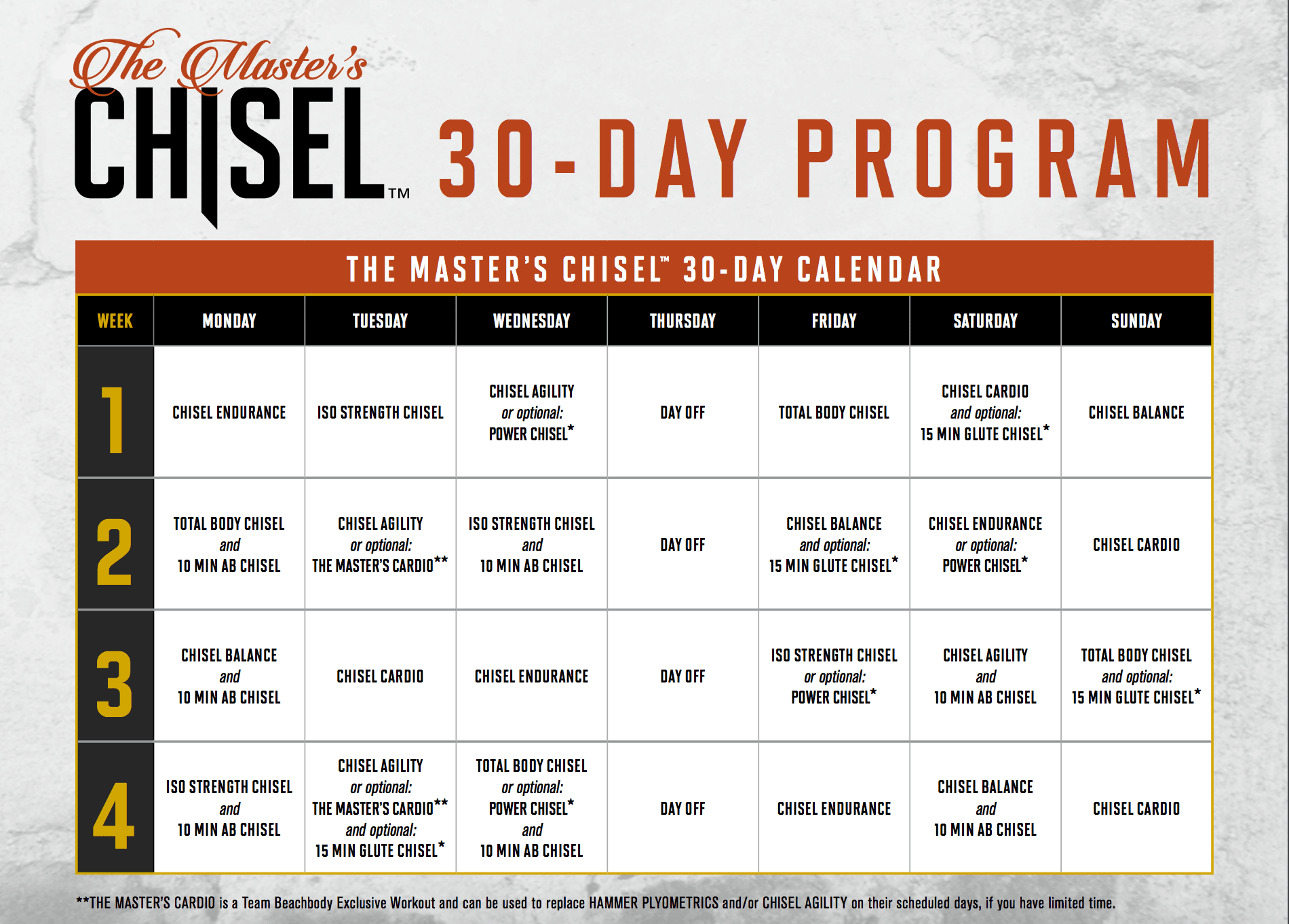 Master's Chisel Calendar Schedule and Meal Plan [Printables]