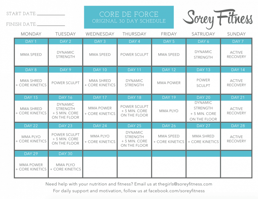 Core de Force Workout Calendar