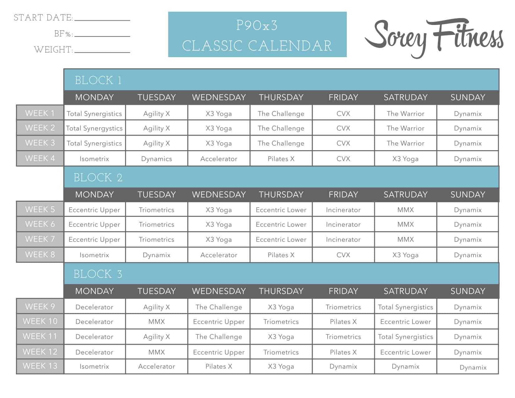 P90X3 Workout Schedule: Lean, Mass, Classic, Doubles PDFs (Printable!)