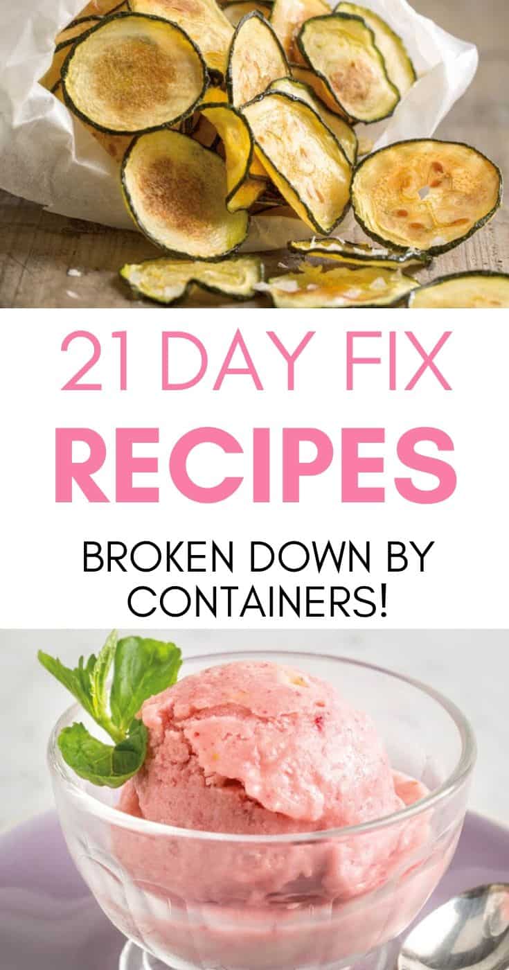 Zucchini chips and ice cream with the words 21 day fix recipes broken down by containers