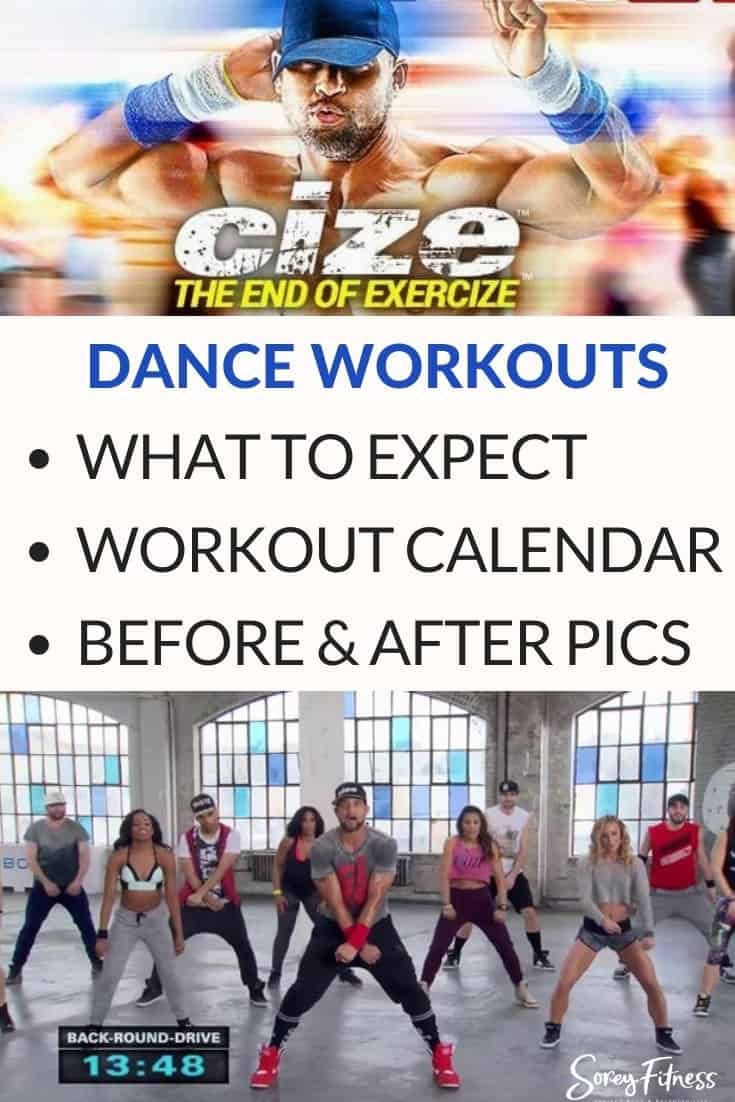 Cize Review Collage with the words - what to expect, workout calendar, and before and after photos