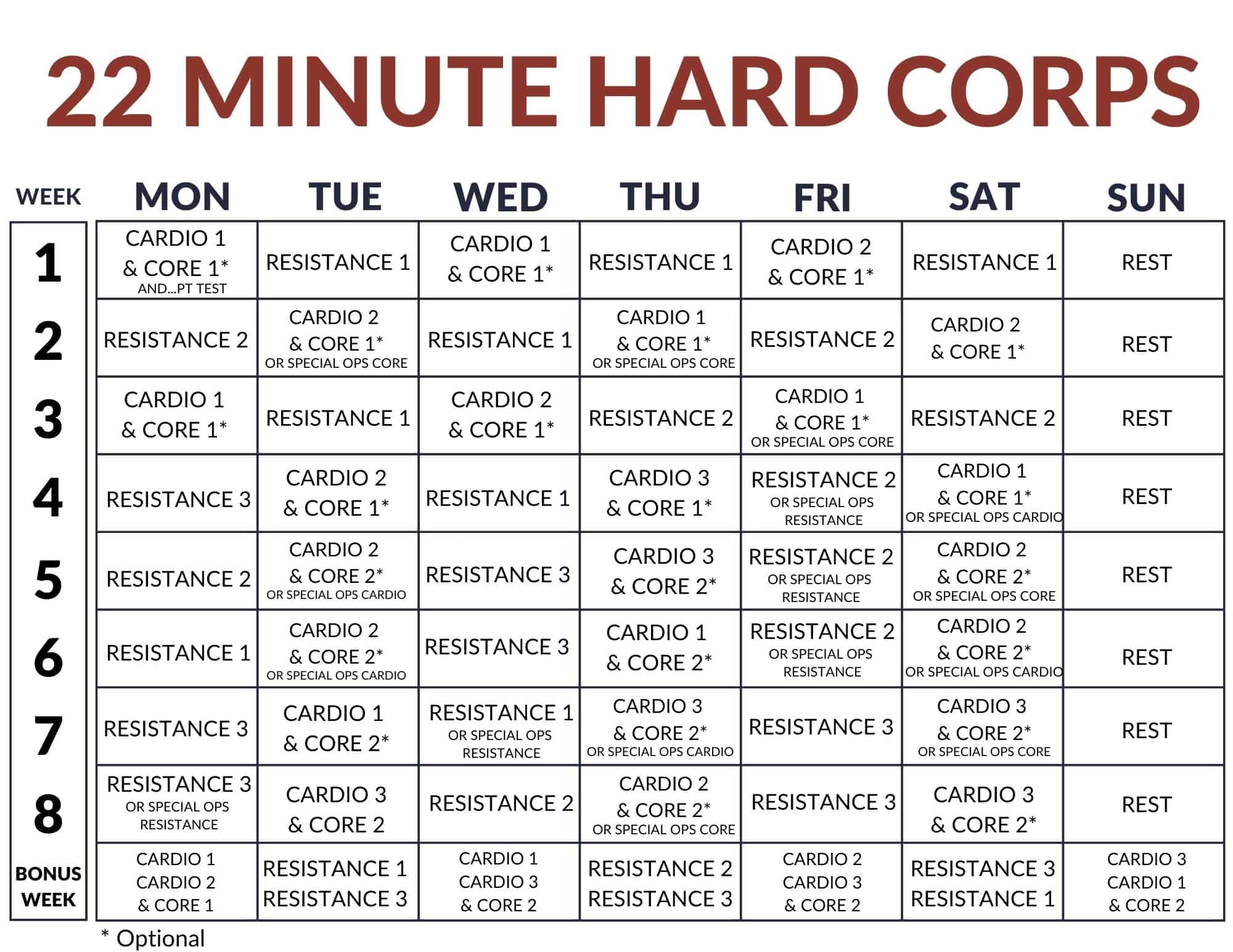 22 Minute Hard Corps Review, Results & Calendar Printable