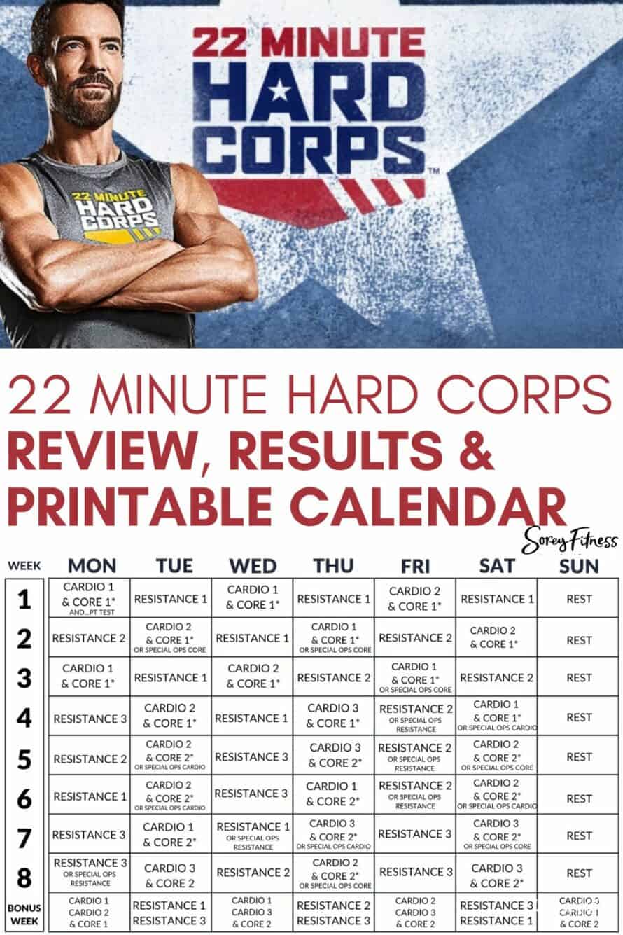 Collage of the 22 minute hard corps promotional image with tony horton and the printable workout schedule calendar