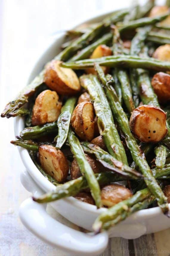 healthy thanksgiving side is blistered green beans with potatoes