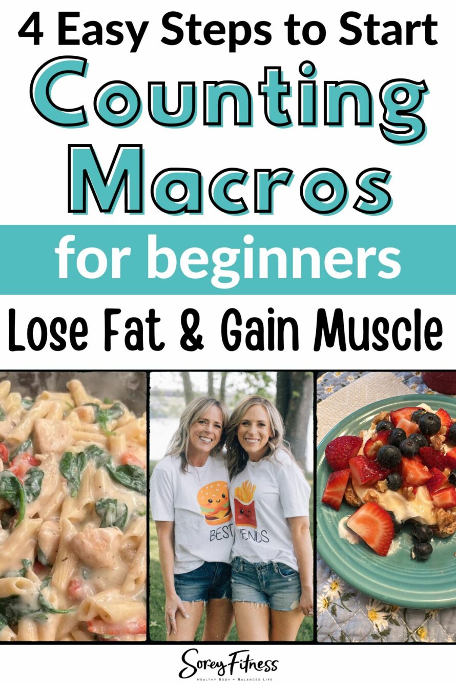 Collage of Kim and Kalee and 2 macro friendly recipes - text overlay at the top says 4 easy steps to statr counting macros for beginners - lose fat & gain muscle