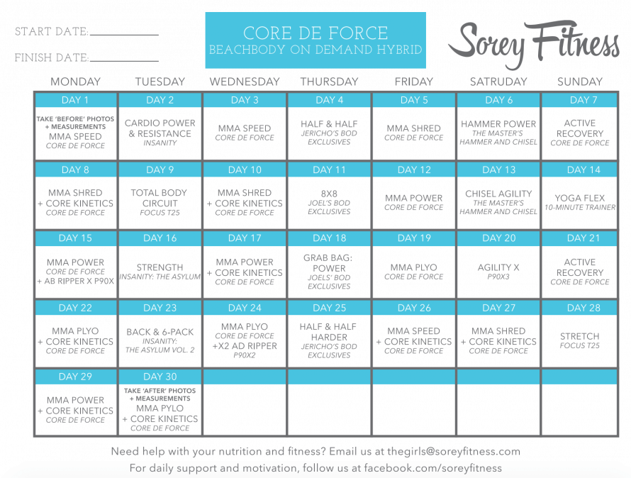 Beachbody Core De Force Calendar 3 Workout Schedules