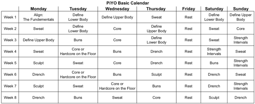 PiYo Calendário Básico De Sorey Fitness