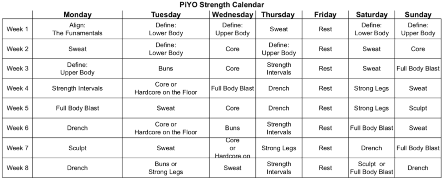 piyo calendar full 60 day schedule workouts printable