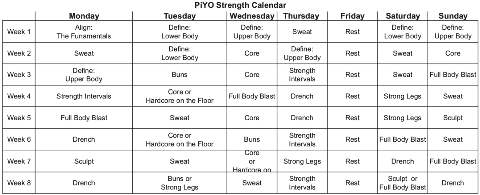 PiYo Calendar Full 60 Day Schedule & Workouts (PRINTABLE)