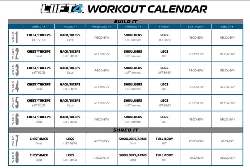 LIIFT4 Calendar Workout Schedule with with Times