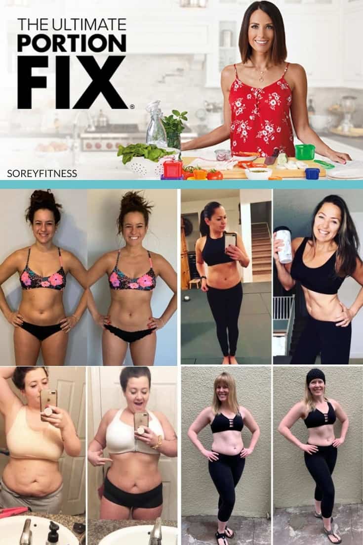 Collage of 4 Ultimate Portion Fix test group members before and after photos with a photo of Autumn Calabrese in the kitchen at the top of the collage