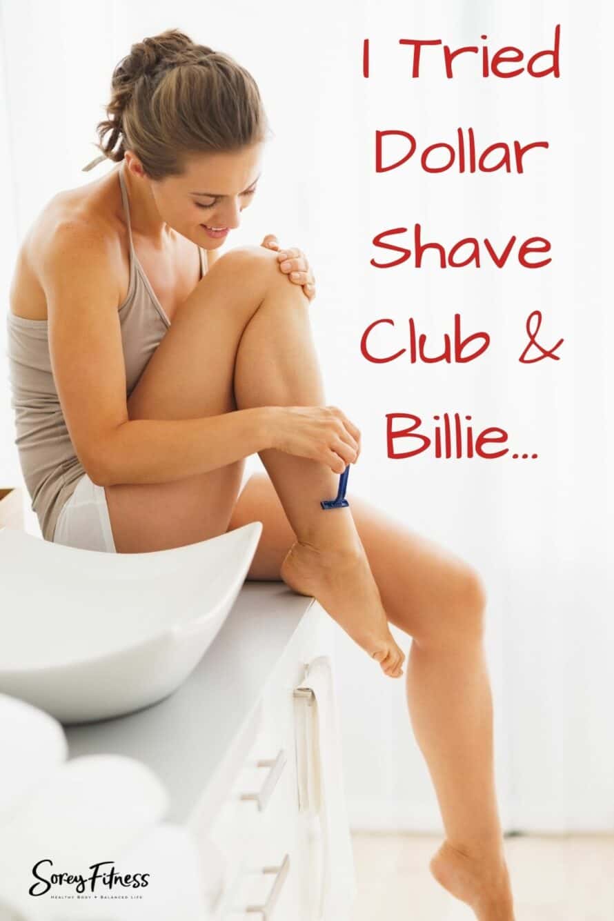woman shaving her legs with the text overlay I tried Dollar Shave Club and Billie