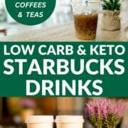 collage of 3 drinks - text overlay says low carb and keto starbucks drinks - circle says the most requested coffees and teas