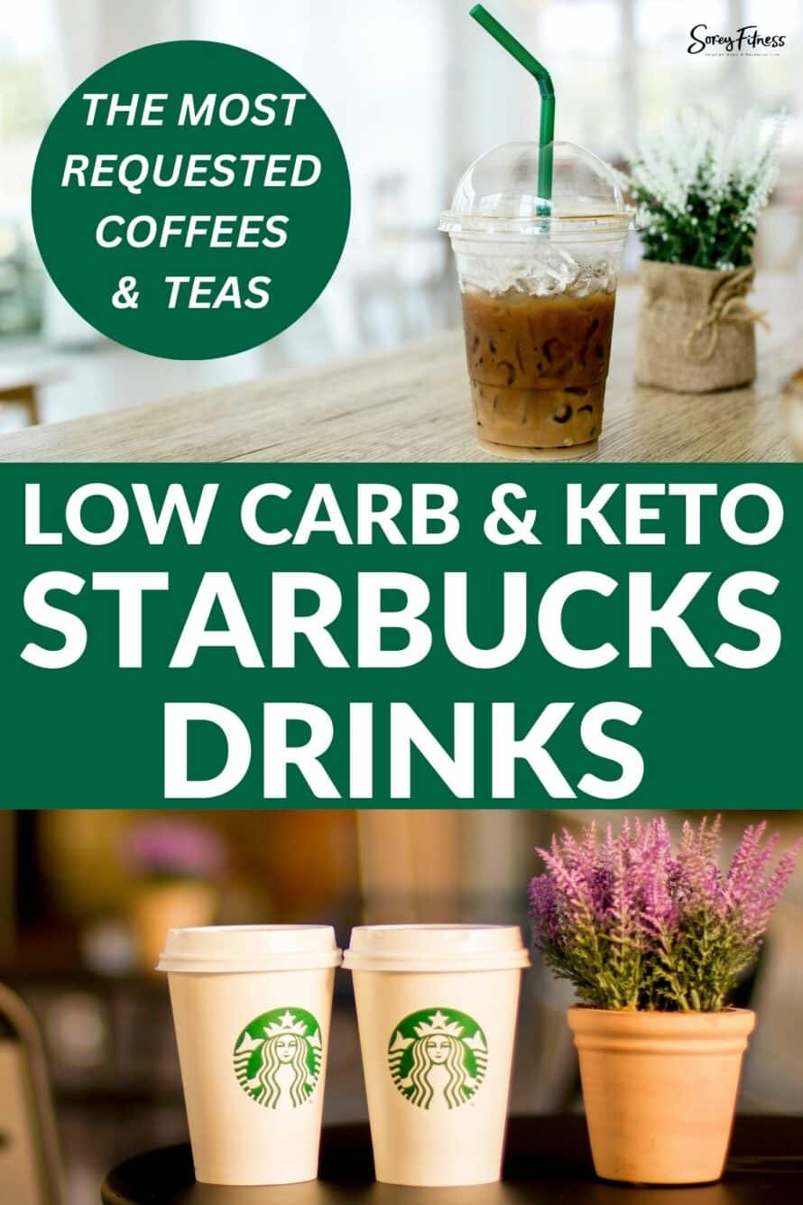 collage of 3 drinks - text overlay says low carb and keto starbucks drinks - circle says the most requested coffees and teas