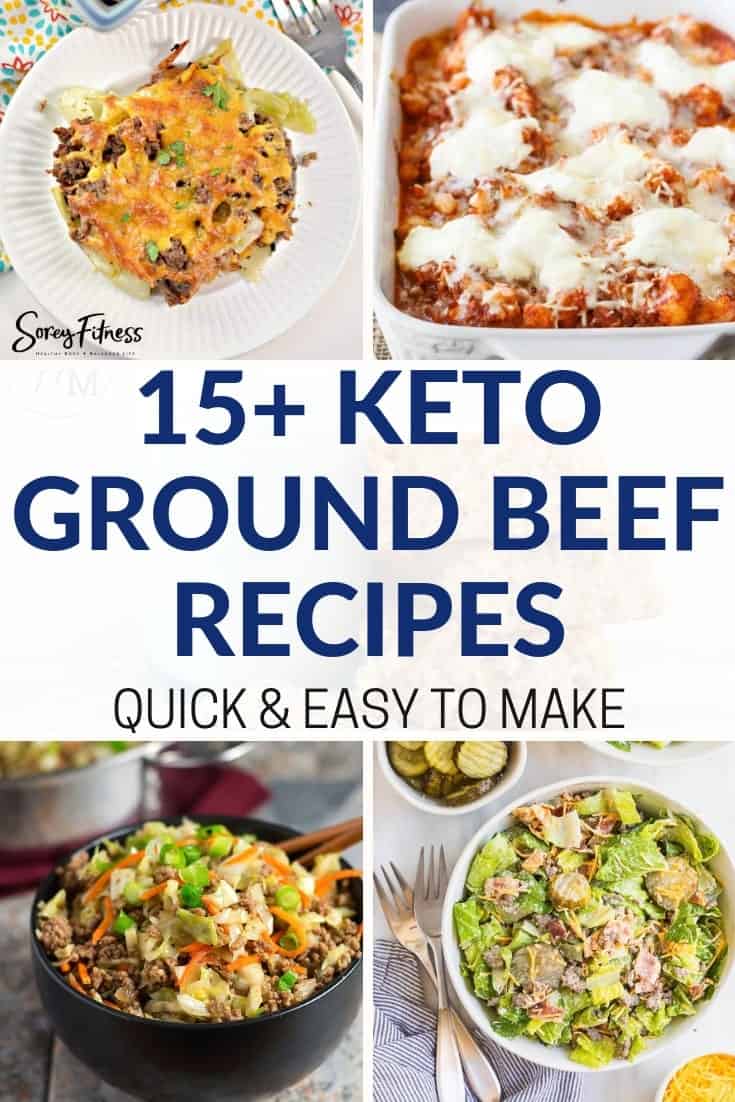 collage of 4 keto ground beef recipes including 2 casseroles, an egg roll in a bowl, and a pan of ziti.