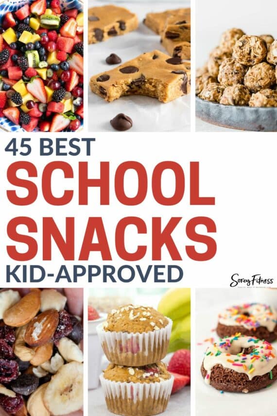 collage of 6 snacks - text overlay in the middle says 45 best school snacks kid-approved