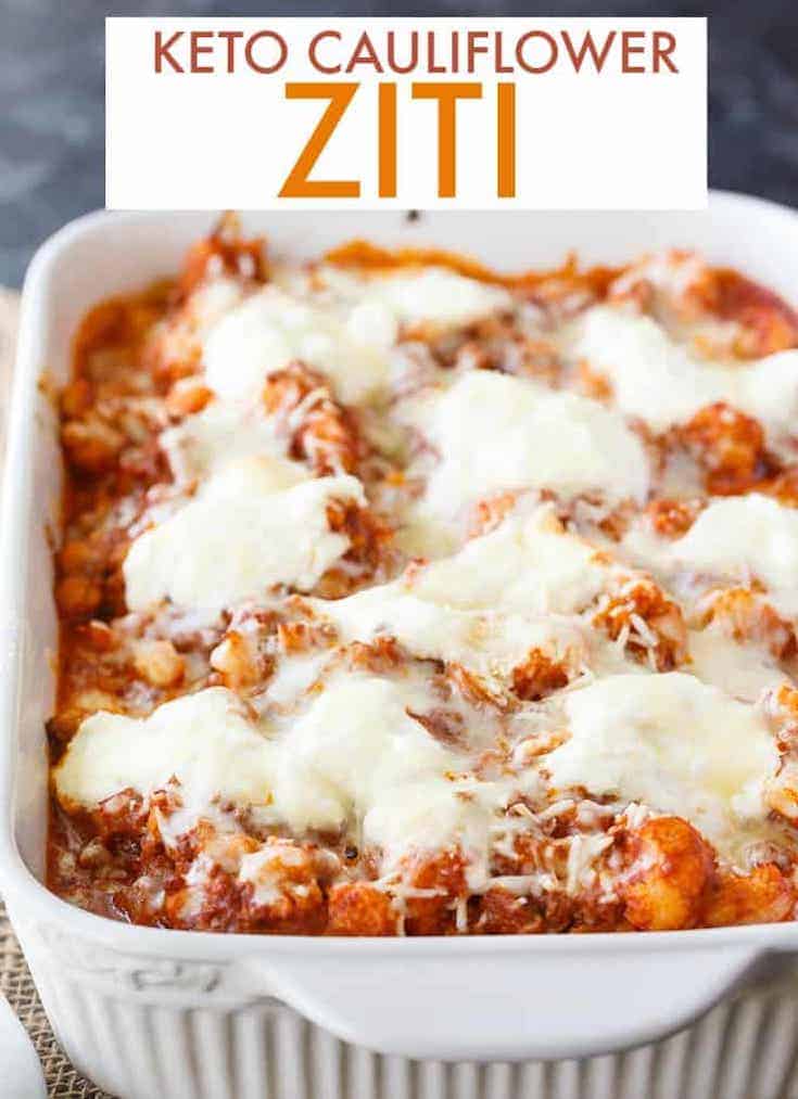 keto cauliflower ziti covered in cheese in a pan