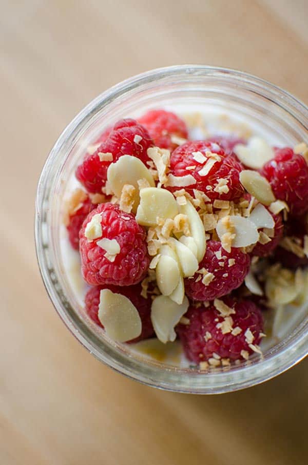 raspberry overnight oatmeal photographed from overhead