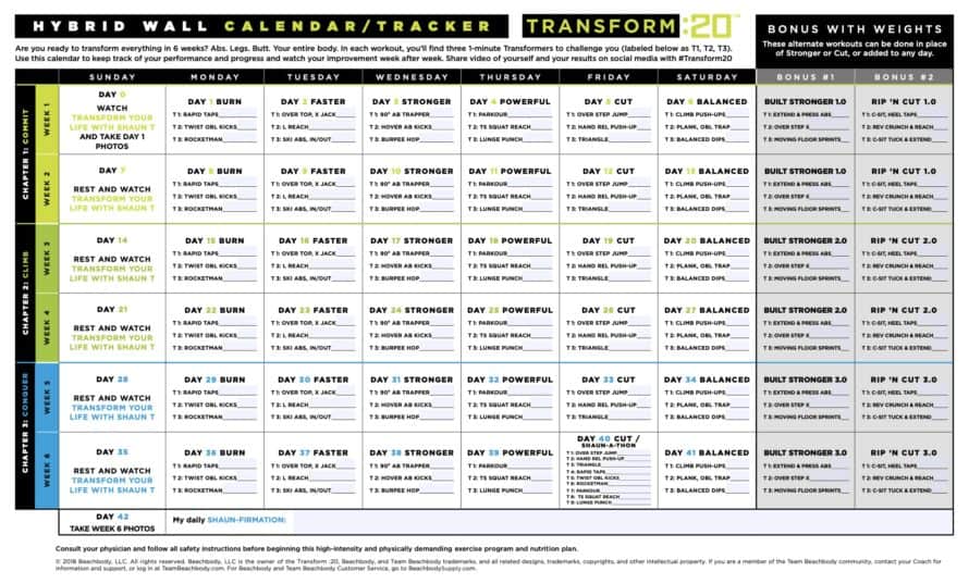 Transform 20 Wall Calendar with Weighted Workouts