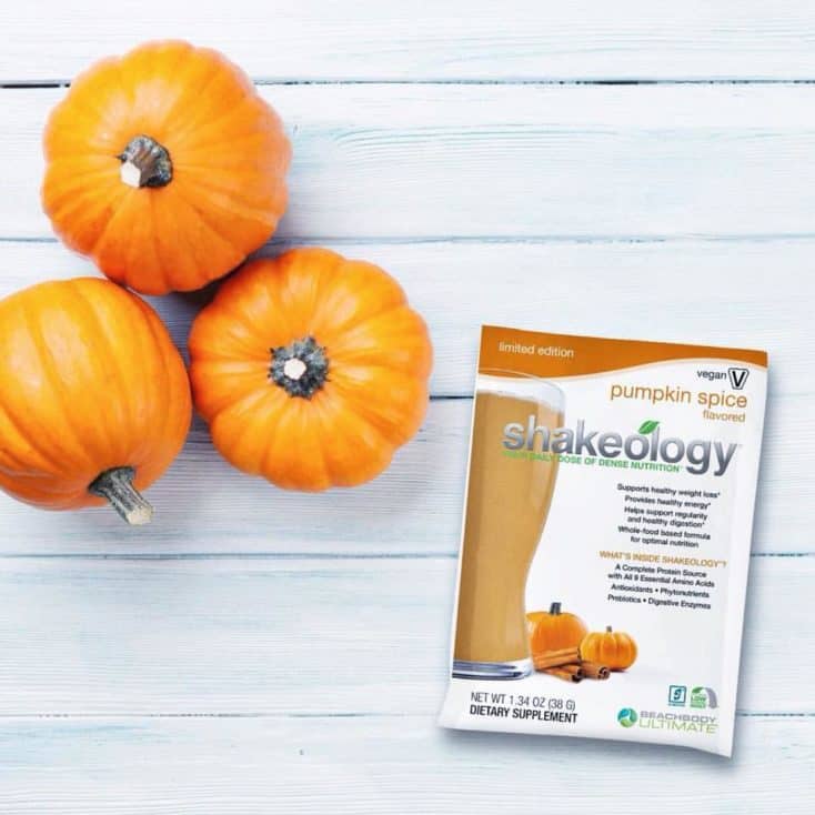 Pumpkin Spice Shakeology Packet with Pumpkins Around It