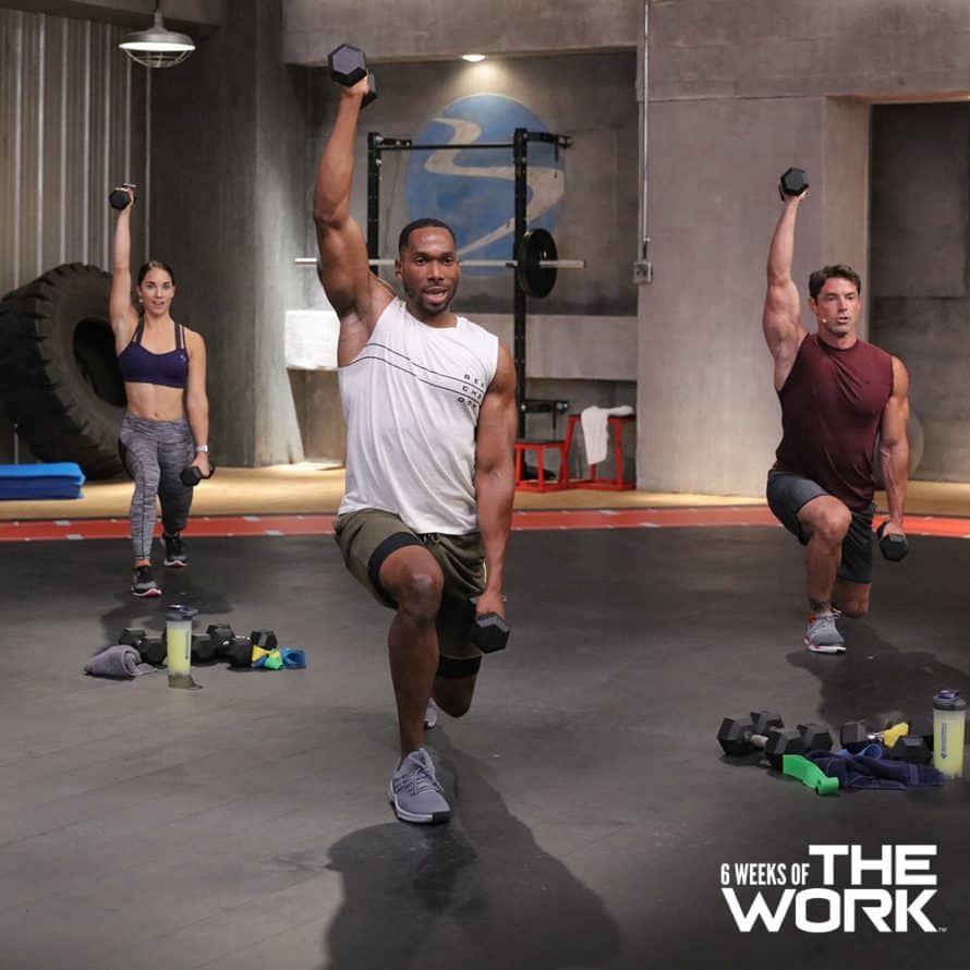 total body move with a lunge and shoulder press during THE WORK workouts