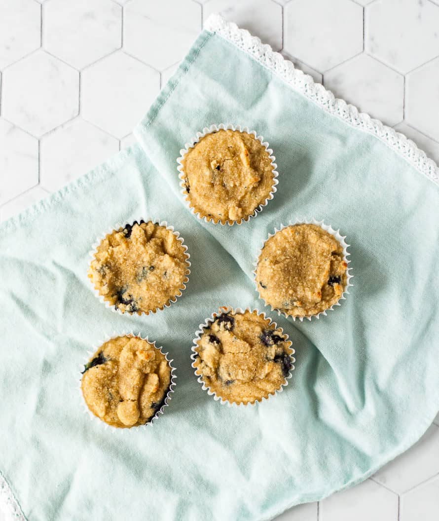 overhead photo of dairy free blueberry muffins