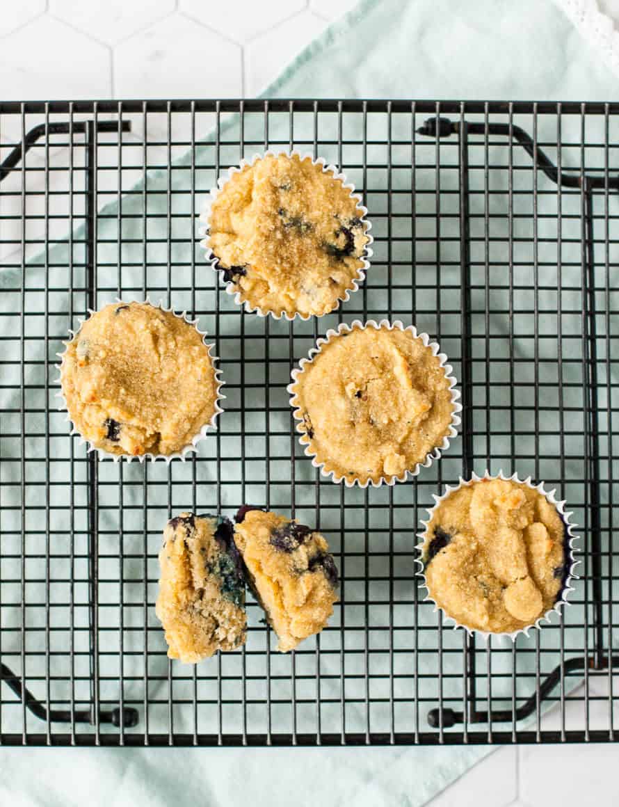 overhead photo of paleo coconut flour blueberry muffins