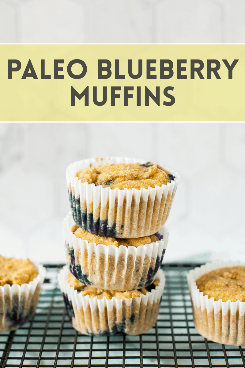 photo of stack of blueberry muffins with text overlay