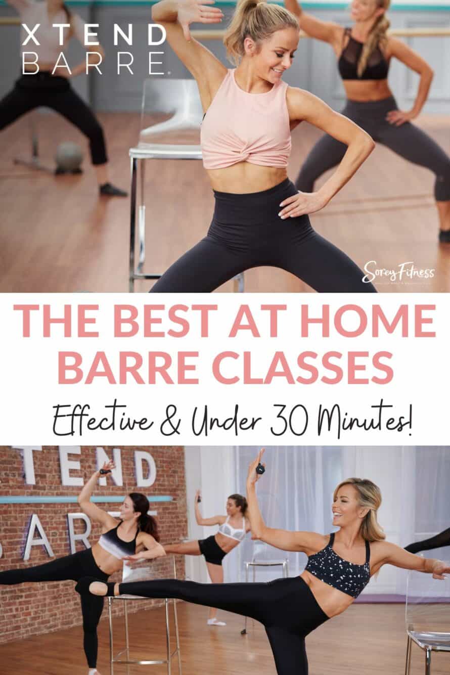 Andrea Rogers leading two xtend barre classes (collage) text overlay - the best at home barre classes effective and under 30 minutes