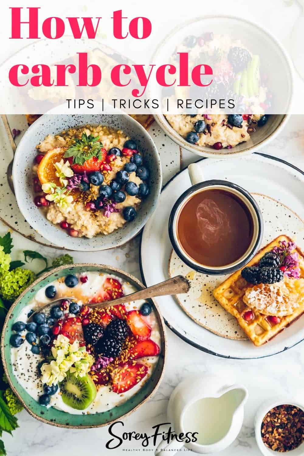 overhead photo of breakfast table with text overlay saying "how to carb cycle"