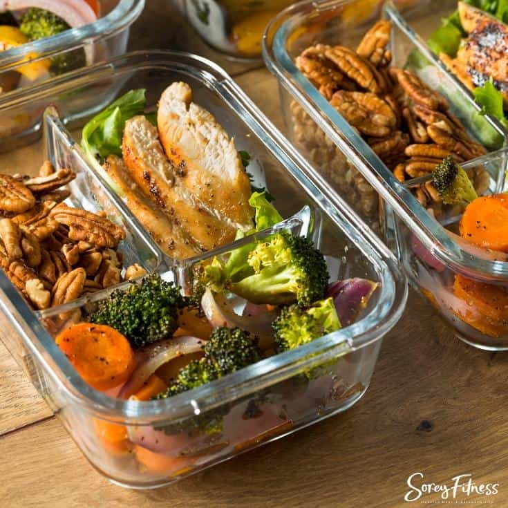 meal prepped chicken and vegetables in a container