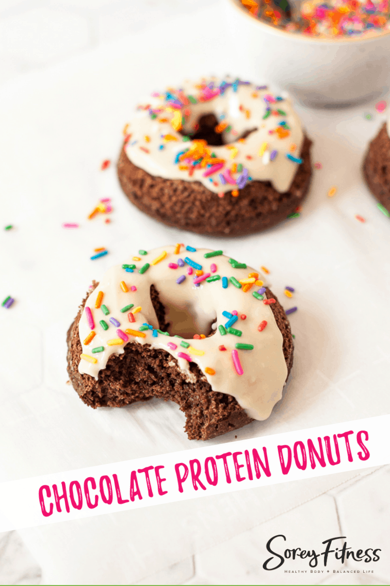 chocolate protein donut with vanilla glaze and sprinkles