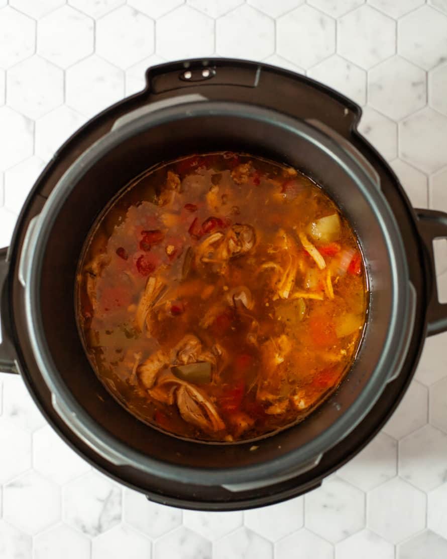 overhead photo of keto chicken tortilla soup in an instant pot