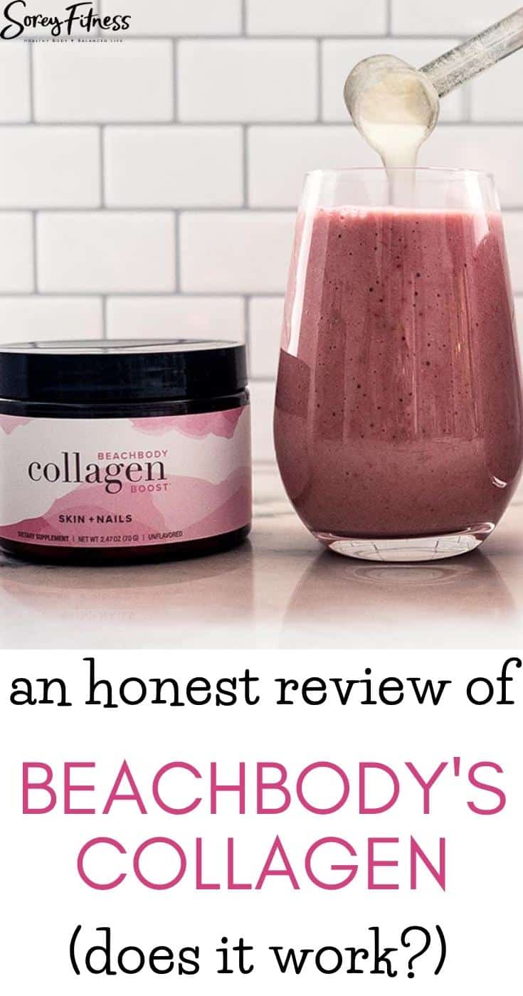 beachbody collagen container and a scoop of collagen going into a smoothie