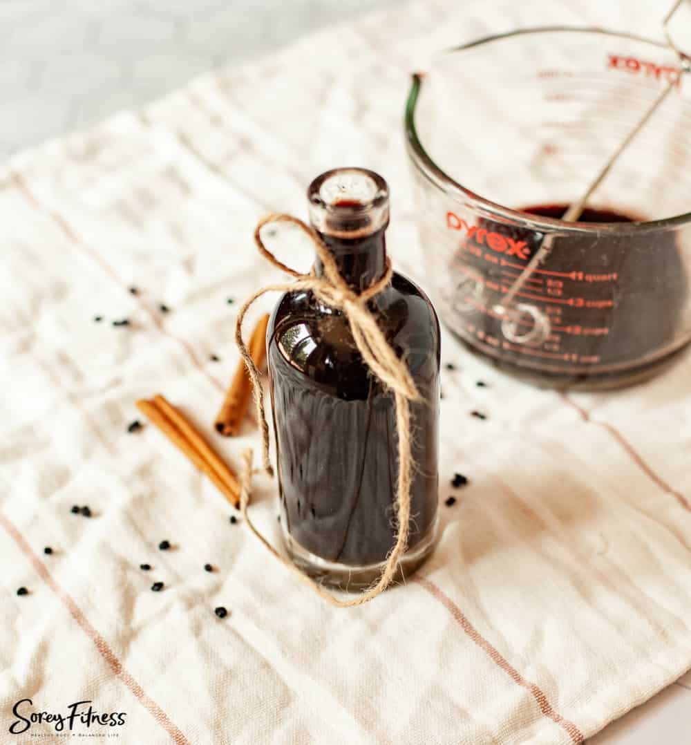 Bottle of homemade elderberry syrup