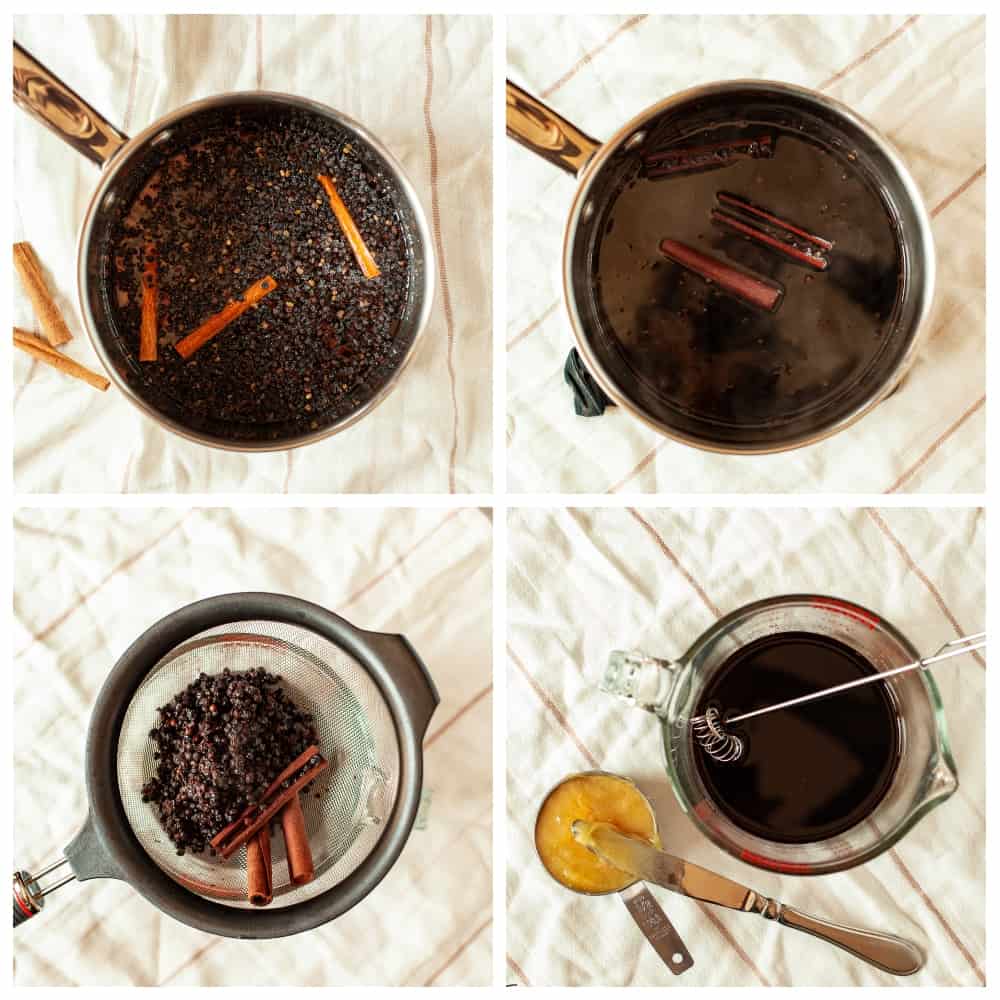 photo collage showing steps to make cinnamon elderberry syrup