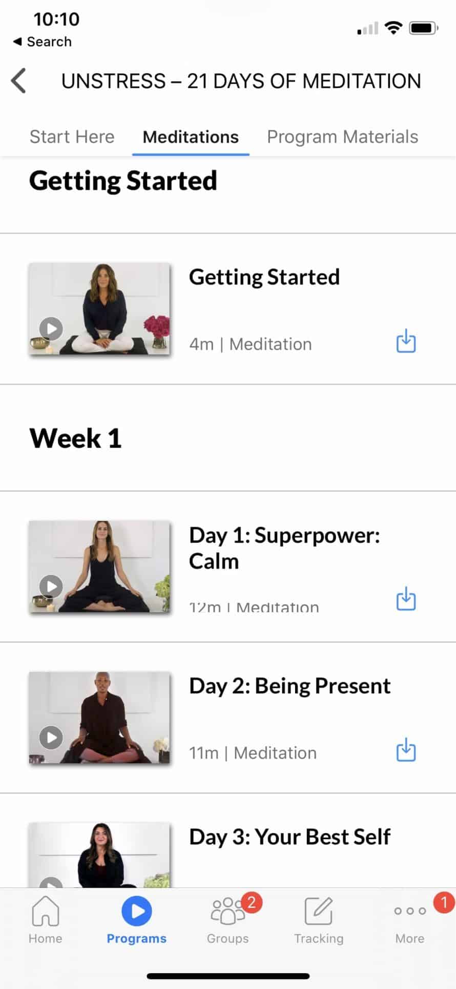 What Beachbodys Unstress Meditation Series in Beachbody on Demand looks like in the app