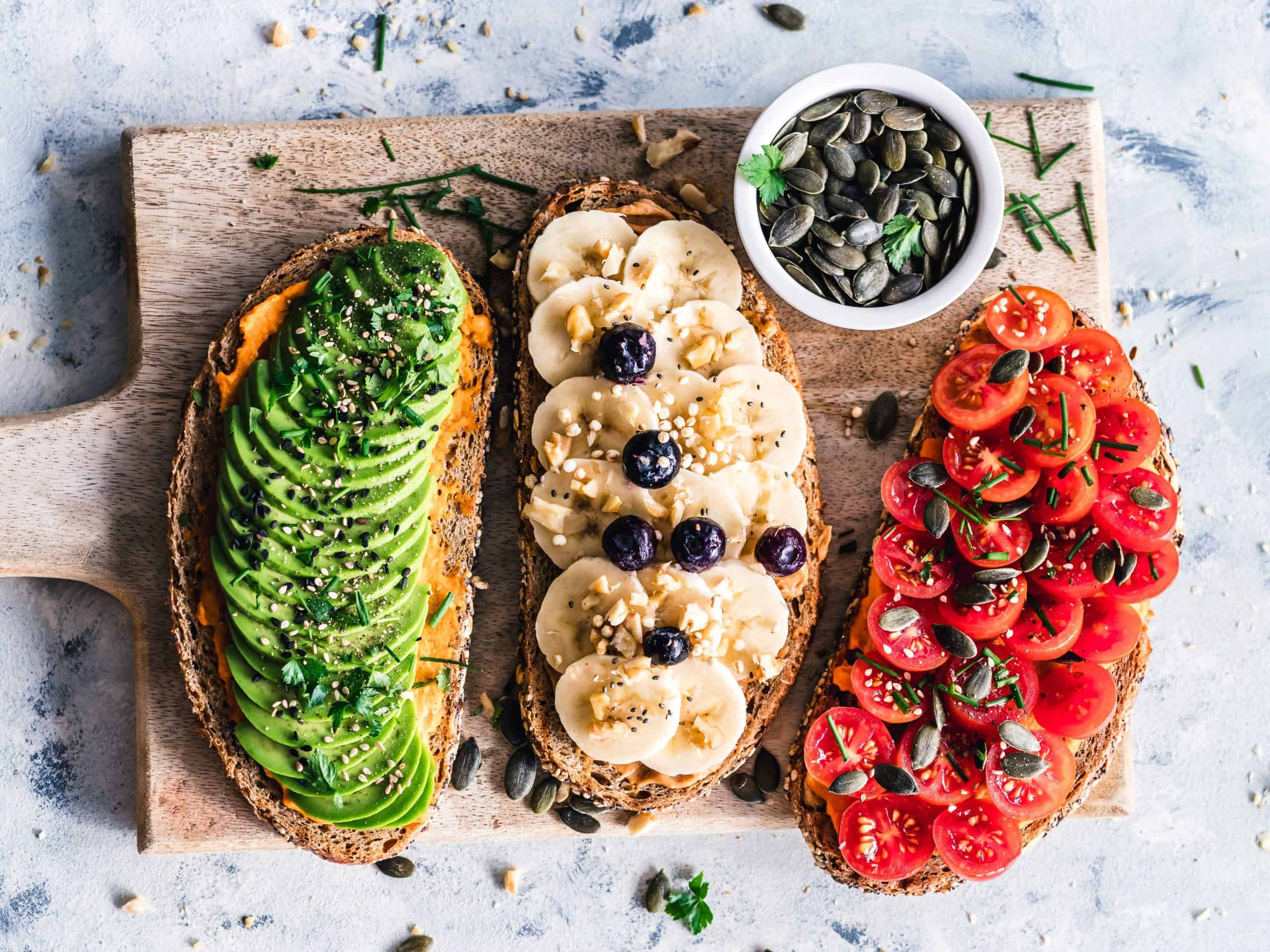 vegan toasts on cutting board