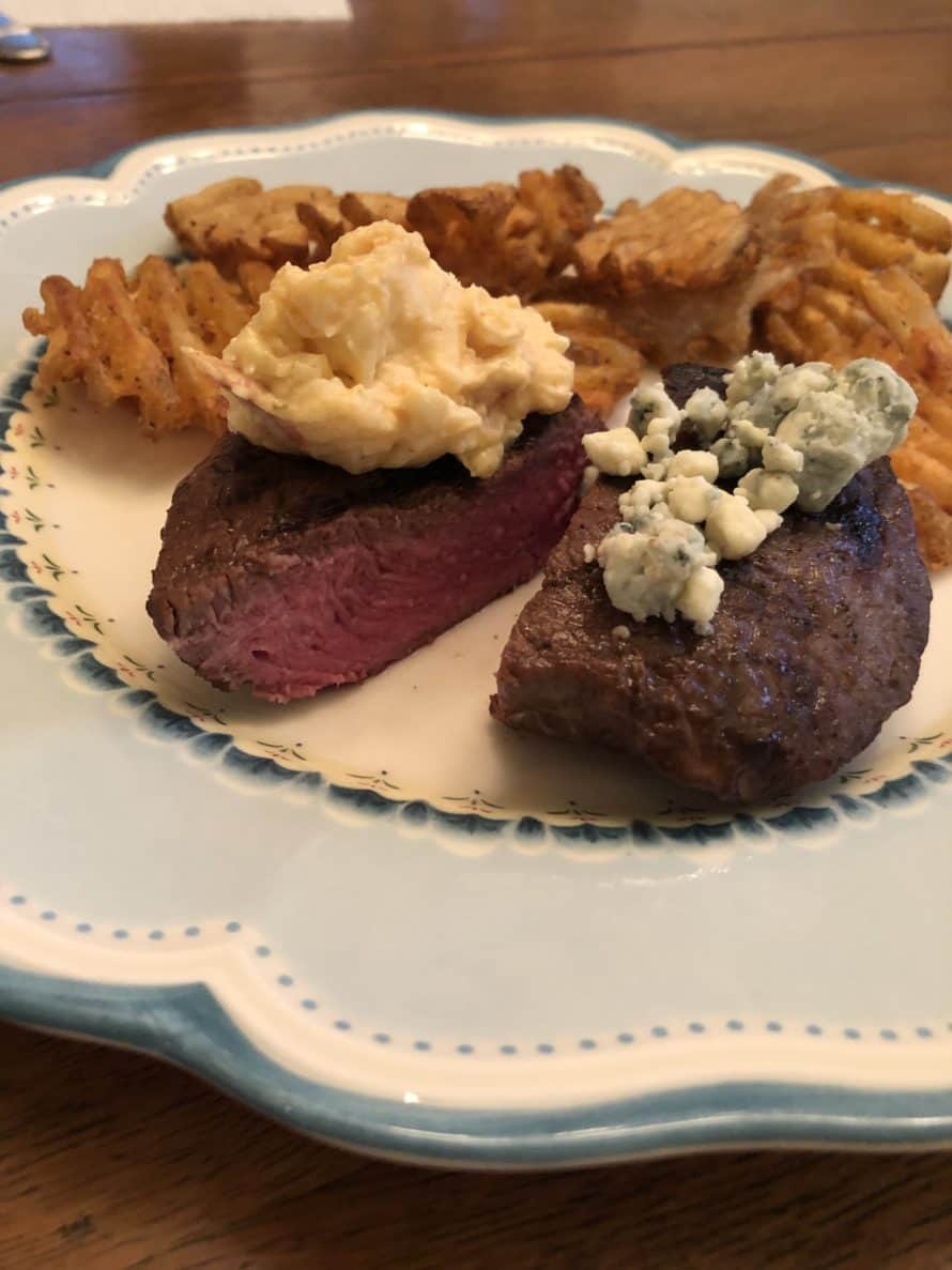 Rastelli's Steak cut into 2 and topped with pimento cheese and blue cheese