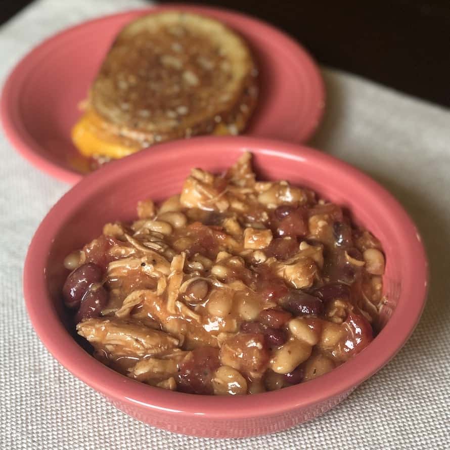 Nashville hot chicken chili with a grilled cheese