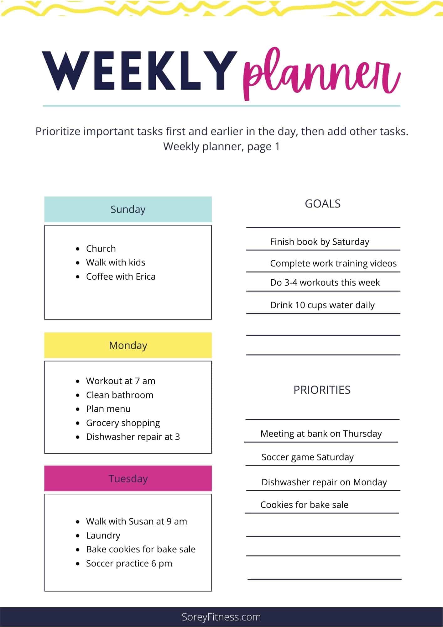 sample weekly routine on a weekly planner page