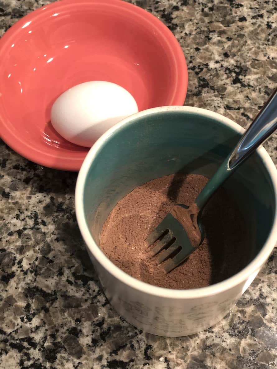 mixing together the dry ingredients for the mug cake