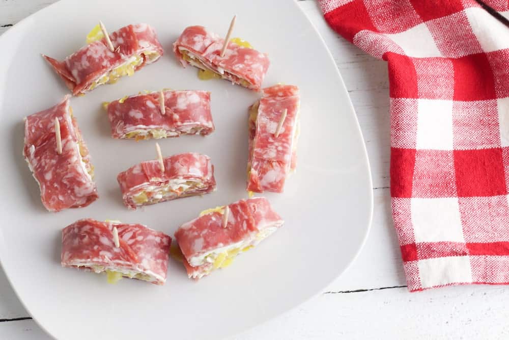 Keto Salami Rolls with cream cheese and banana peppers